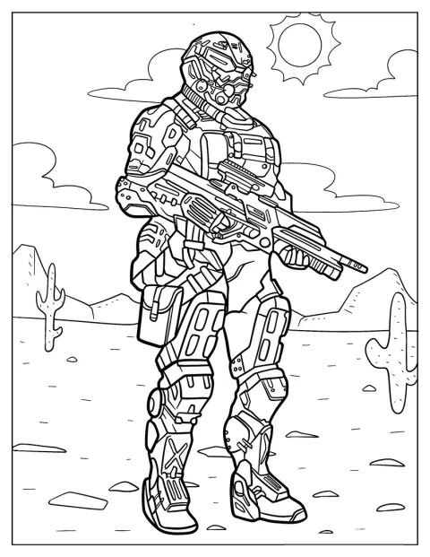 Um soldado futurista segura uma arma e usa equipamento detalhado.