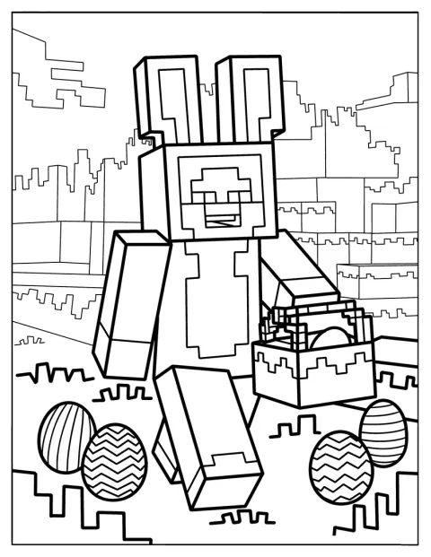 Minecraft Steve har kaninører og står med påskeæg.