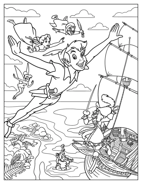 Au-dessus du navire de Capitaine Crochet, Peter Pan et Wendy volent ensemble.