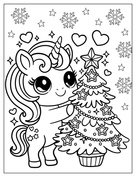 Yksisarvinen ripustaa koristeita joulukuuseen.