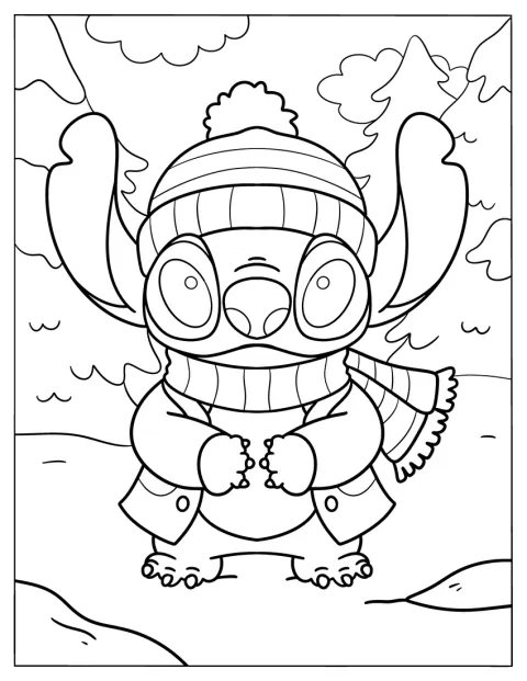 Stitch har en varm vinterfrakke og et halstørklæde på.
