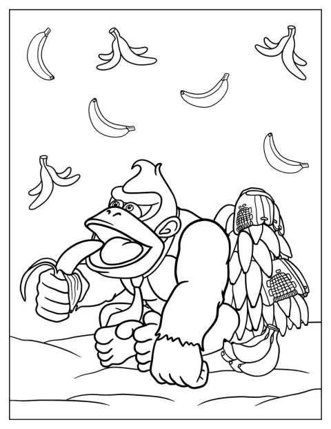 Donkey Kong carrega um grande cacho de bananas.
