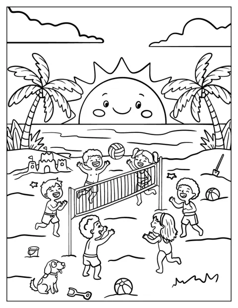 子どもたちが夕暮れの浜辺でバレーボールをしています。