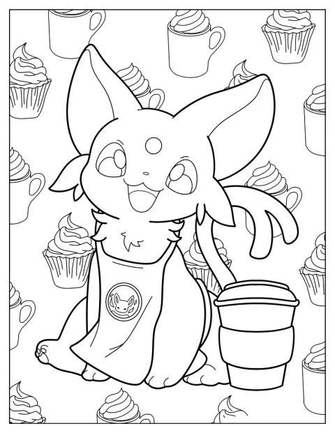 Espeon indossa un grembiule e tiene in mano una tazza di caffè.