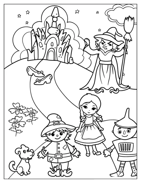 Dorothy, Toto, Plåtmannen och Fågelskrämman möter en häxa.