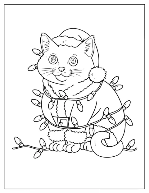 サンタの衣装を着た猫が、クリスマスの電飾に包まれています。