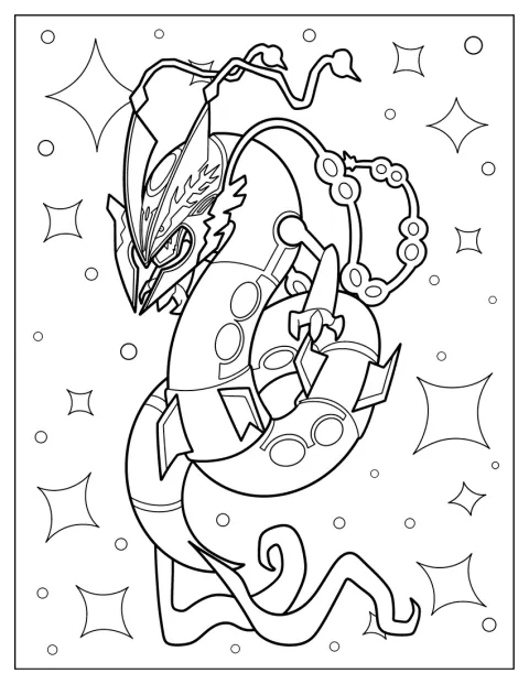 Mega Rayquaza se vznáší s dlouhým tělem prohnutým do oblouku.
