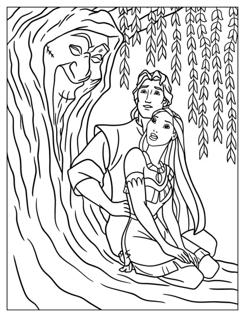 Pocahontas og John Smith står sammen ved Bedstemor Piletræ.