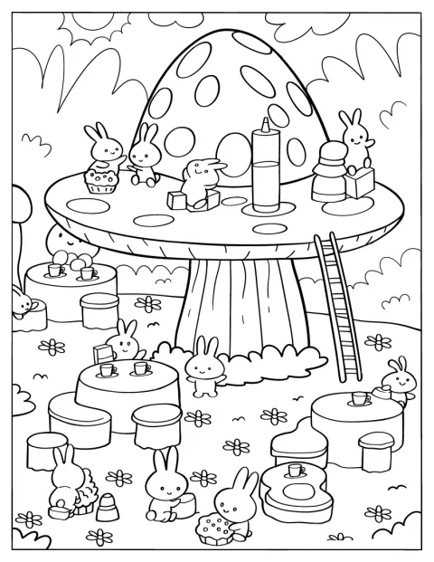 Des lapins chibi préparent du jus à partir d’un champignon.