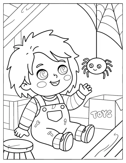 Der kleine Chucky spielt mit einer Spinne.