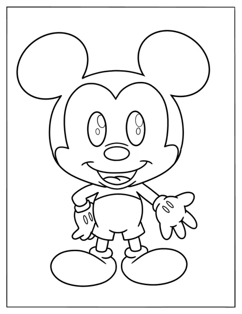 Mickey Mouse apparaît dans un style kawaii sur un fond épuré.