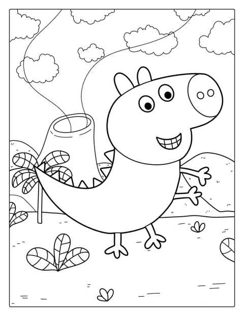 Prasátko Peppa si hraje s dinosaurem.