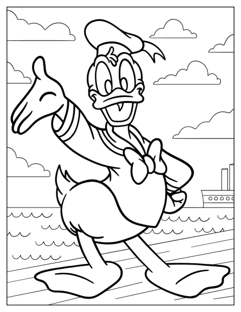 Przy porcie Kaczor Donald macha na powitanie.