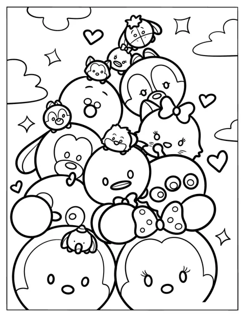 Velké i malé postavičky Tsum Tsum jsou naskládané do vysoké věže.