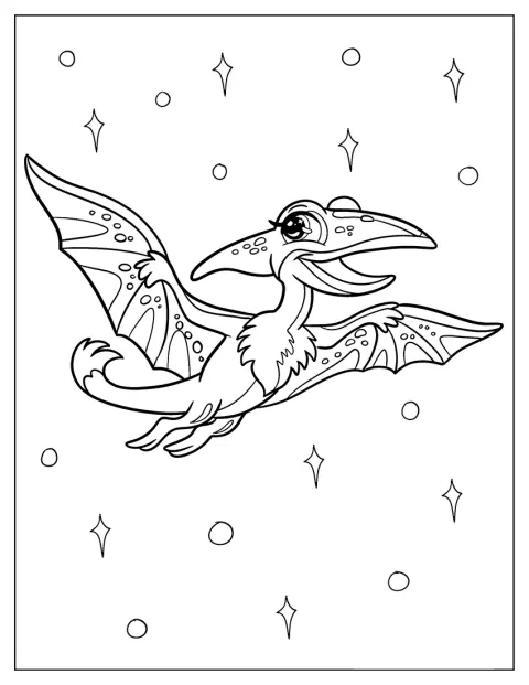 Een cartoon-pterodactylus kijkt met glinsterende ogen.