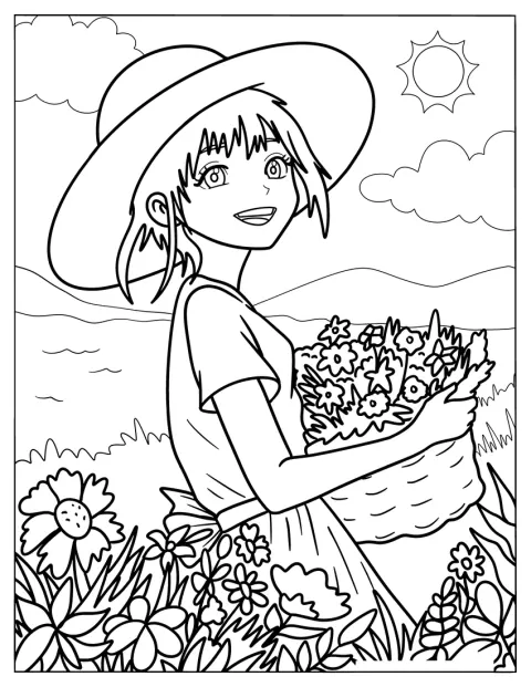 En animejente samler blomster på en sommereng.