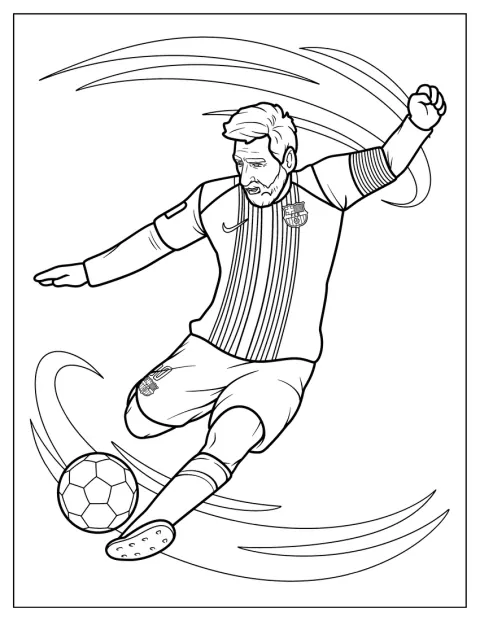 メッシがサッカーボールを蹴り、フィールドを駆けています。