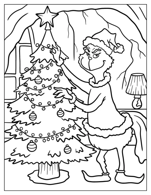 Grinch ozdabia świąteczne drzewko bombkami i dekoracjami.