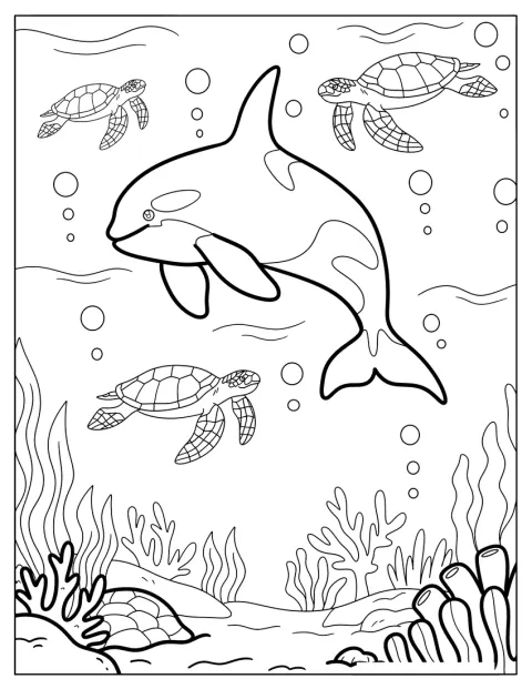 Ein Orca schwimmt zwischen Korallen und Schildkröten in tropischen Gewässern.