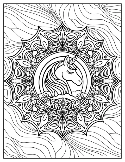 Unicorn Coloring Page Mandala With Trippy Background