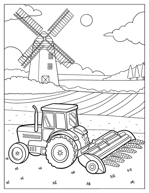 En traktor høster avlinger på et jorde ved siden av en vindmølle.