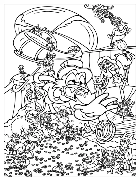 Varios personajes de Patoaventuras se disputan un tesoro de oro.