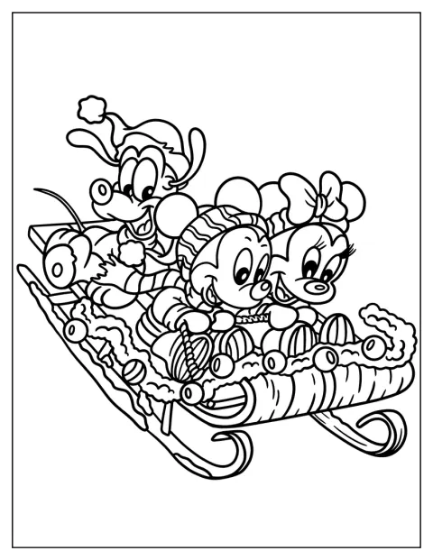 Baby Mickey Mouse, Minnie Mouse och Pluto åker släde genom vinterlandskapet.