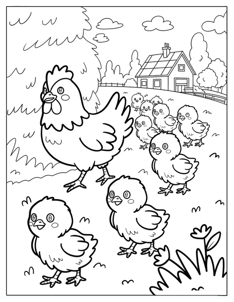 En höna leder en flock kycklingar genom bondgården.
