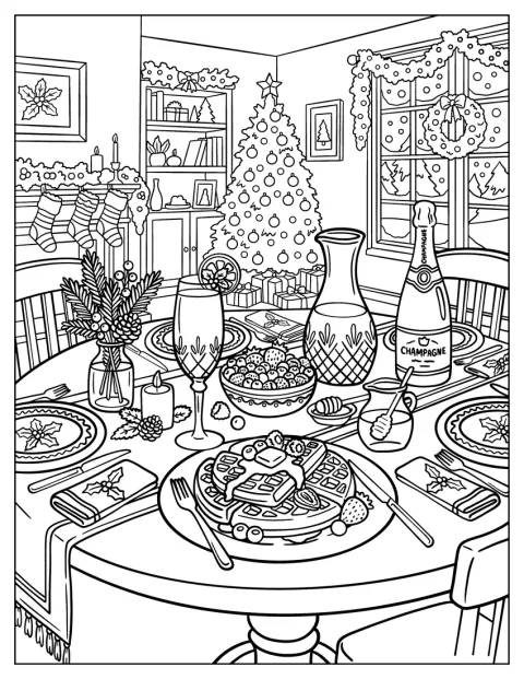 Christmas Breakfast Feast in a Family Home Coloring Page for Adults