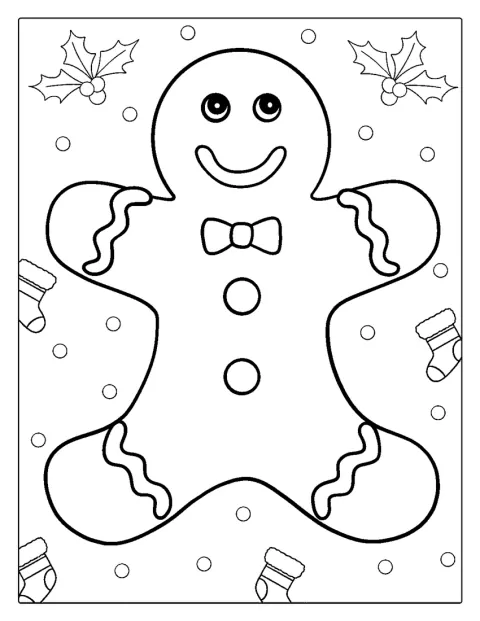 Un bonhomme en pain d’épices souriant porte des décorations festives.