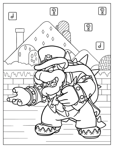 Bowser veste um fato de casamento numa cena sem cenário definido.