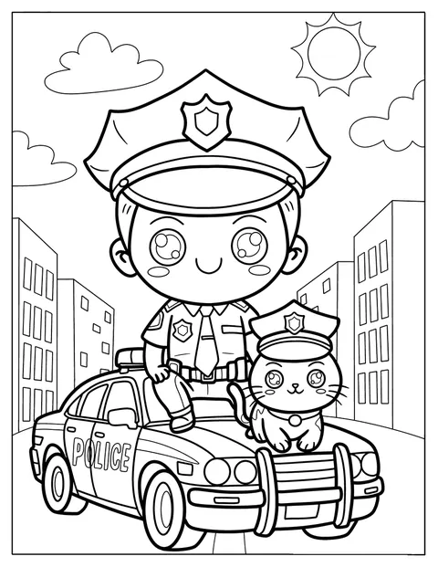 Egy kawaii rendőr mellett járőrautó és macska áll.
