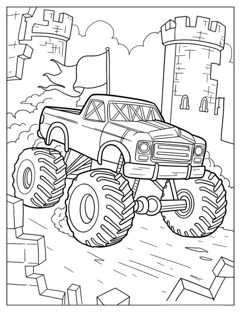 Un monster truck con bandera baja a toda velocidad por una pendiente, con un castillo al fondo.