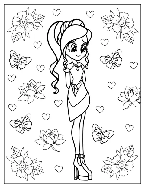 Rarity steht als Equestria Girl vor einem Hintergrund aus Blumen.