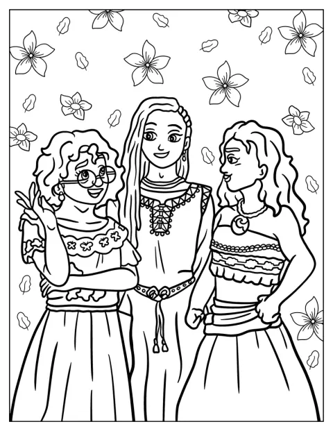 Asha, Oceania e Mirabel sono insieme, sorridenti.