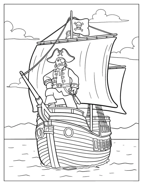 Pirát s páskou přes oko stojí na palubě pirátské lodi.