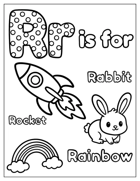 Ein gepunktetes R ist von einem Kaninchen, einer Rakete und einem Regenbogen umgeben.