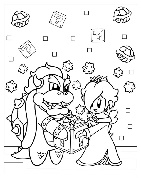 Rosalina e Bowser seguram juntos um bloco com um ponto de interrogação.