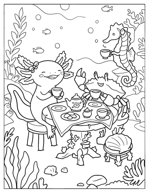 Ein Axolotl feiert mit Meerestieren eine Teeparty unter Wasser.