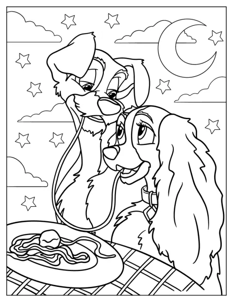 Lady y Tramp comen espaguetis juntos en una mesa.