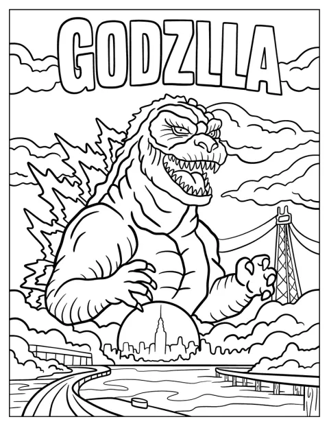Med et truende grin vogter Godzilla byen mellem høje bygninger.