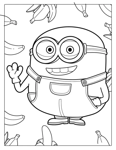 Minion Bob står foran en baggrund fyldt med bananer.
