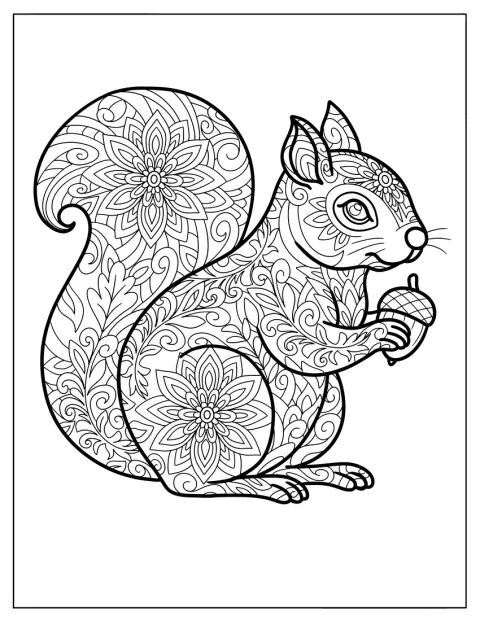 Una ardilla sostiene una bellota en el centro de un mandala con motivos de loto.