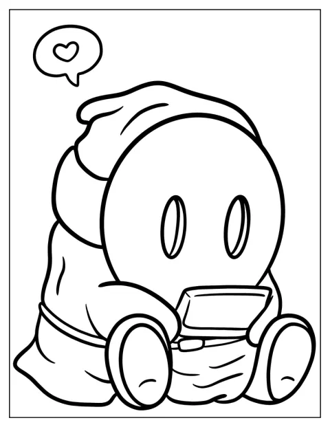 Shy Guy joga numa consola portátil, concentrado no ecrã.