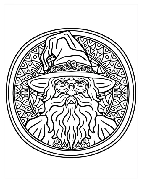 丸眼鏡をかけた魔法使いが、曼荼羅の模様の中に描かれています。