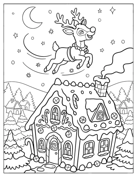 Rudolph voa por cima de uma casa de gengibre decorada.