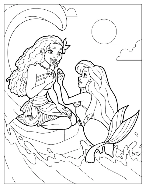 モアナとアリエルが海辺に並んでいます。
