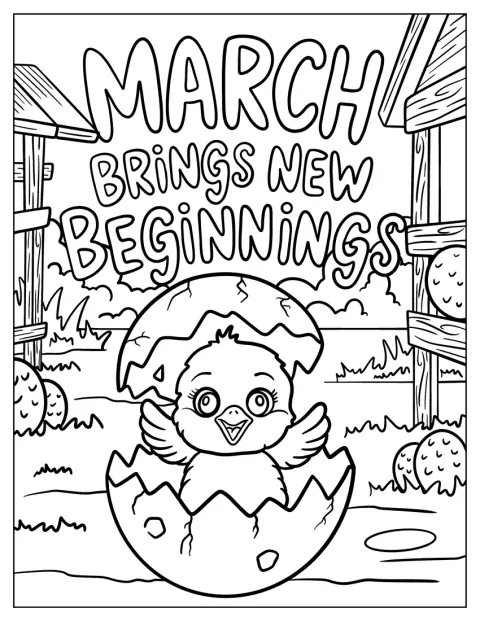 March Coloring Page Brings New Beginnings With Chick Hatching From Egg