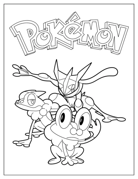 Froakie, Frogadier og Greninja står sammen på en Pokémon-plakat.