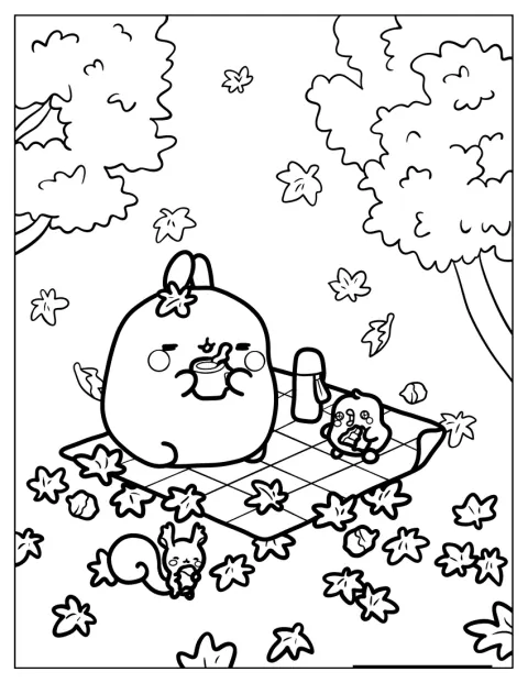 Molang e Piu Piu si godono un picnic all’aperto.